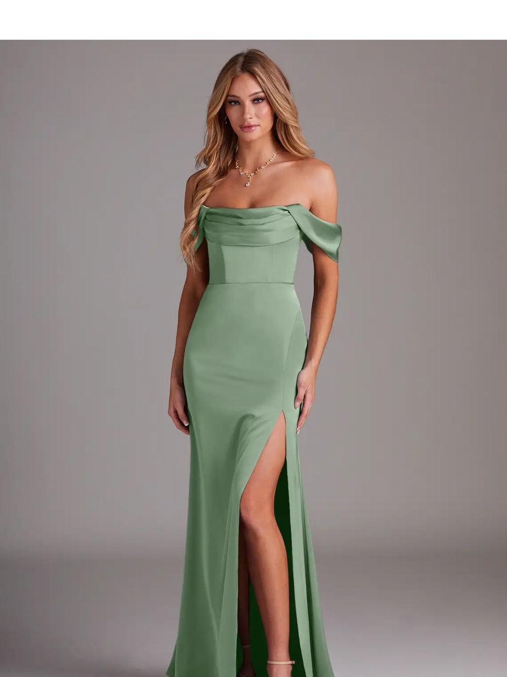 Azazie Sage Green Off-Shoulder Satin Gown
